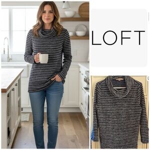 LOFT Dark Navy Blue and White Cowl Neck Sweater